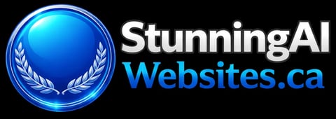 StunningAI Websites.ca logo with blue sphere and laurel wreaths on black background